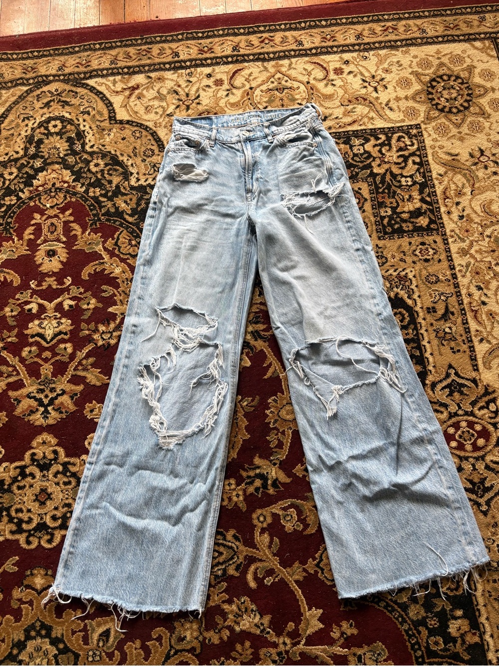 American Eagle Outfitters Light Blue Distressed Wide-Leg Jeans